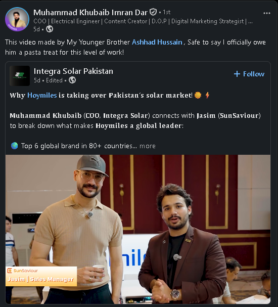 LinkedIn comment from Muhammad Khubaib Imran Dar praising the edit