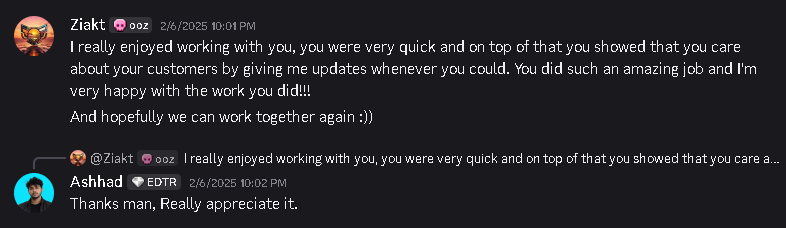 Discord message from Ziakt about quick turnaround and great work
